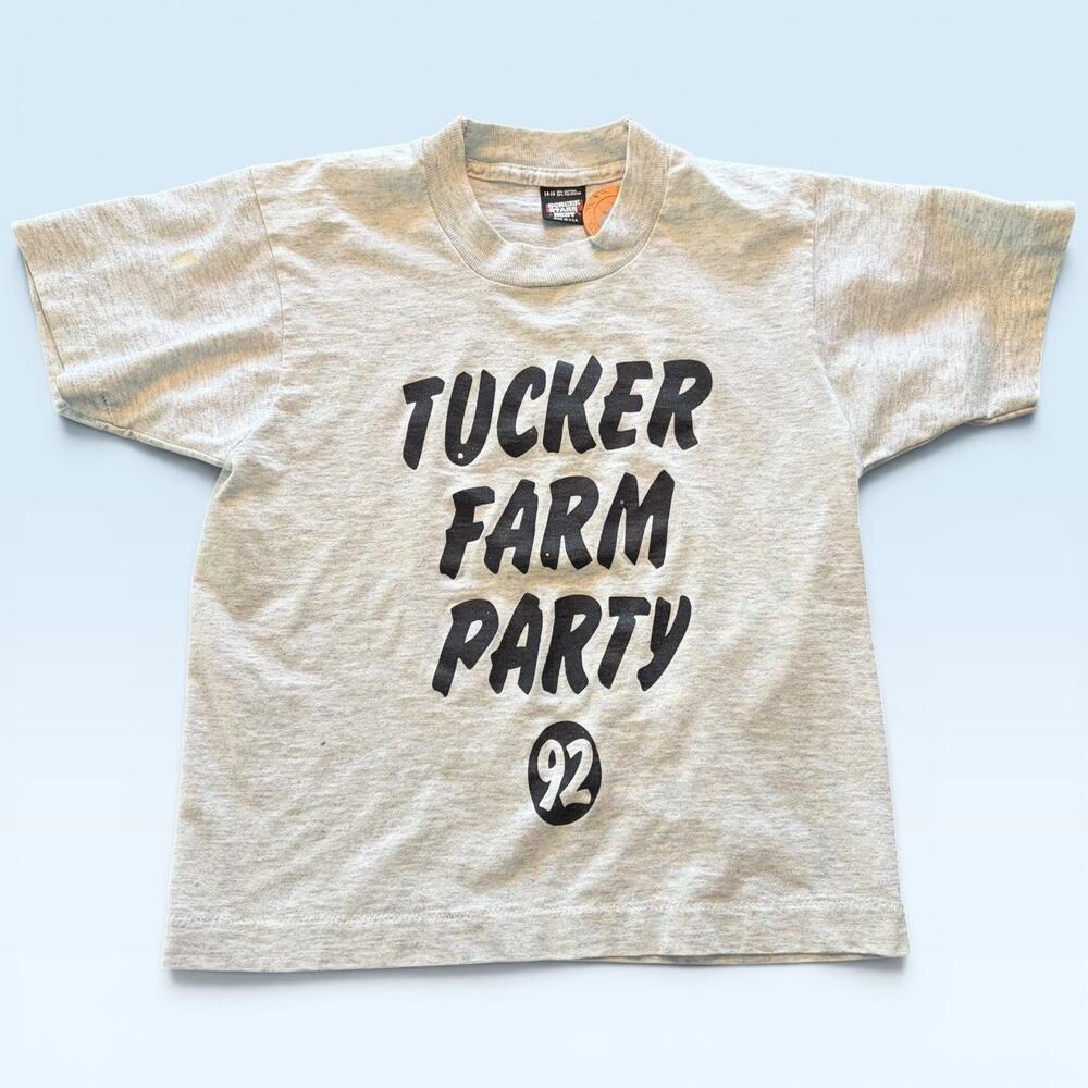 Vintage Tucker Farm Party 92 Shirt Kids 14-16 Gray Screen Stars Best USA 90s